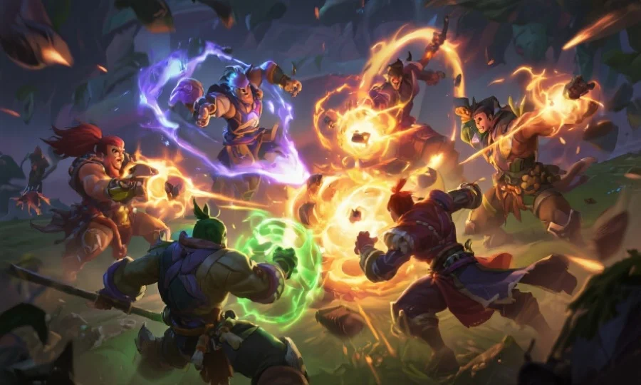 紧张激烈的DOTA2团战场景,五名英雄正在释放技能,画面充满能量与碰撞感